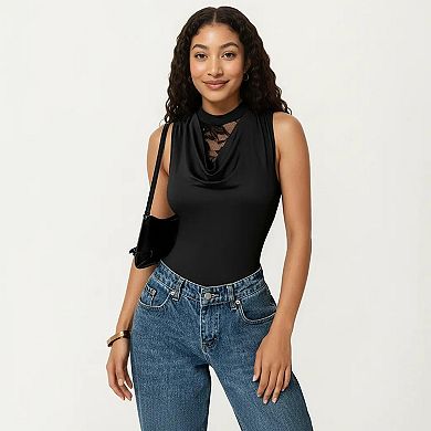 Women's Sleeveless Bodysuit with Lace Inset Mock Neck and Draped Front Detail