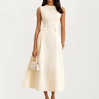Women's Sleeveless Midi Dress with Tailored Seaming and Flared Skirt