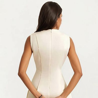 Women's Sleeveless Midi Dress with Tailored Seaming and Flared Skirt