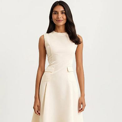 Women's Sleeveless Midi Dress with Tailored Seaming and Flared Skirt