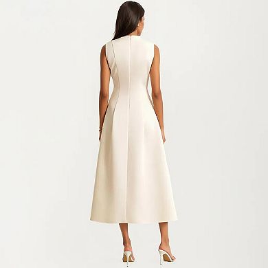 Women's Sleeveless Midi Dress with Tailored Seaming and Flared Skirt