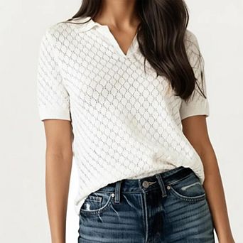 Women's Short Sleeve Open Knit Polo Top with Textured Pattern and Ribbed Cuffs