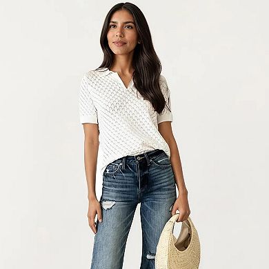 Women's Short Sleeve Open Knit Polo Top with Textured Pattern and Ribbed Cuffs
