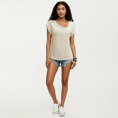 Women's Short Sleeve Textured Knit Top with Asymmetrical V-Neckline and Soft Draped Shoulder Detail