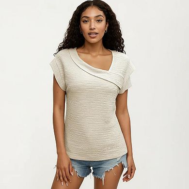 Women's Short Sleeve Textured Knit Top with Asymmetrical V-Neckline and Soft Draped Shoulder Detail