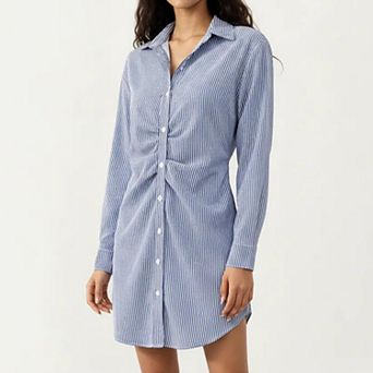 Women's Long Sleeve Button Down Shirt Dress with Twist Front Detail and Relaxed Fit
