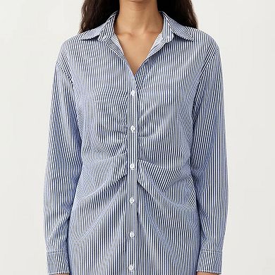 Women's Long Sleeve Button Down Shirt Dress with Twist Front Detail and Relaxed Fit