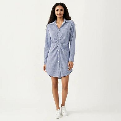 Women's Long Sleeve Button Down Shirt Dress with Twist Front Detail and Relaxed Fit