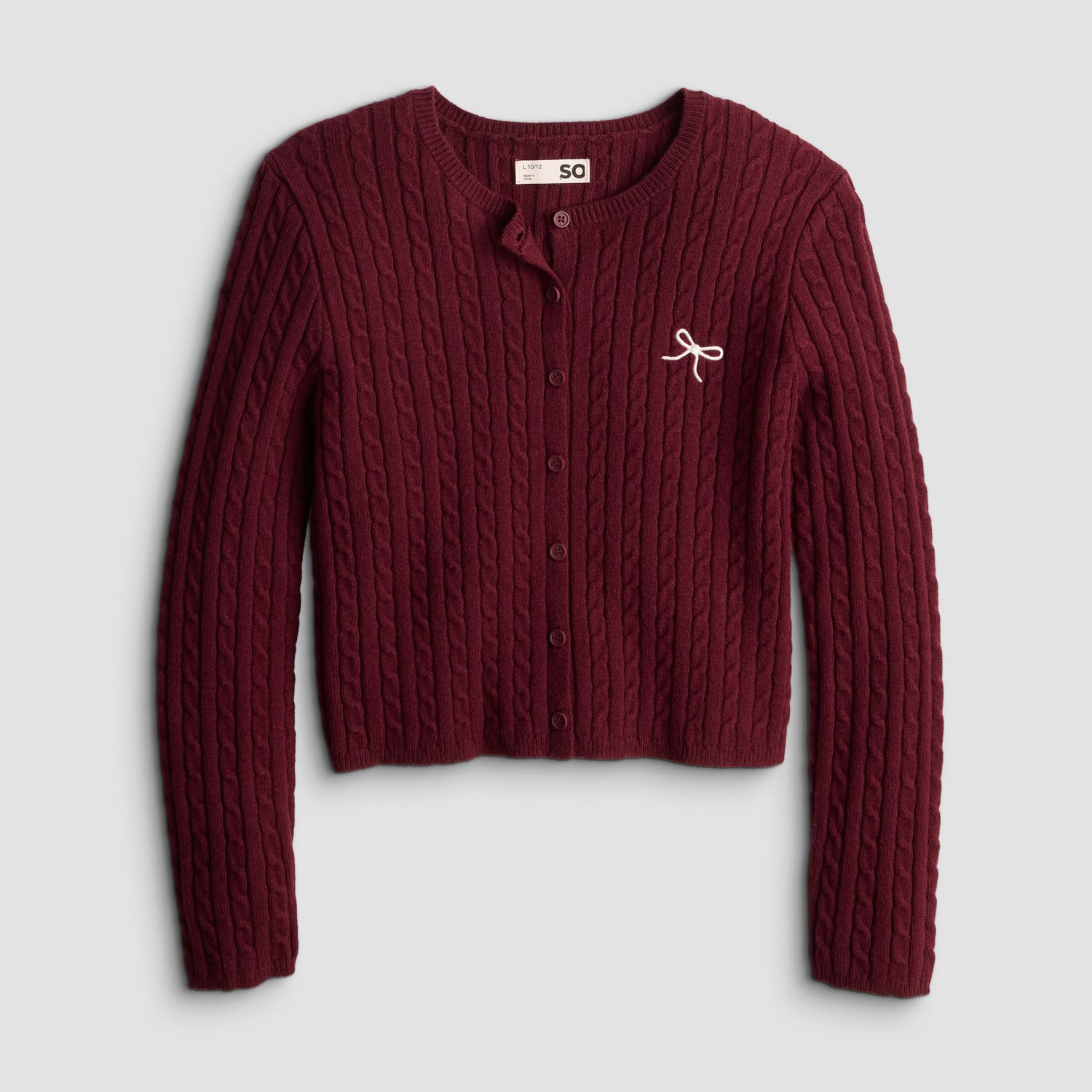 Детские кардиганы Girls 7-16 SO Crewneck Cable Stitch Sweater Cardigan, цвет: Бордовый — фото 1
