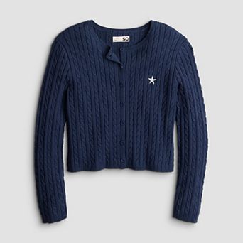 Girls 7-16 SO® Crewneck Cable Stitch Sweater Cardigan