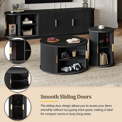 Wooden TV Stand Coffee Table Set with Fluted Sliding Door for Living Room