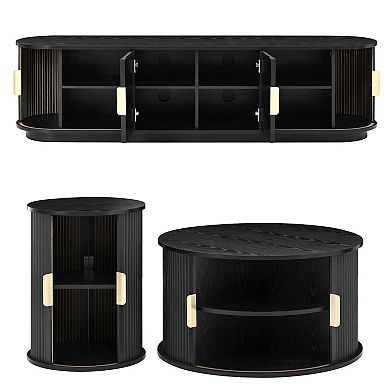 Wooden TV Stand Coffee Table Set with Fluted Sliding Door for Living Room