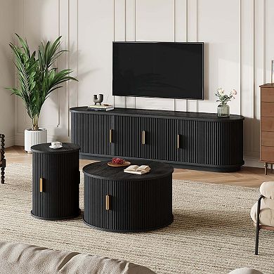 Wooden TV Stand Coffee Table Set with Fluted Sliding Door for Living Room