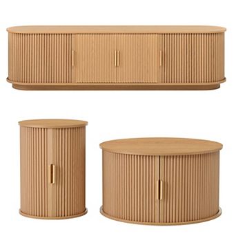 Wooden TV Stand Coffee Table Set with Fluted Sliding Door for Living Room