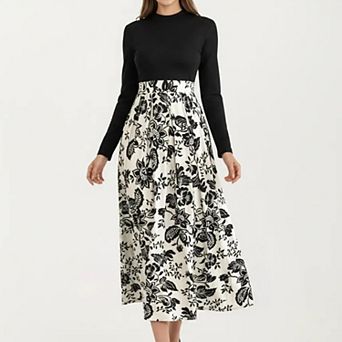 Women's Long Sleeve Mixed Media Midi Dress with Floral Skirt and Fitted Bodice