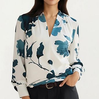 Women's Floral Print Long Sleeve Blouse with V Neckline and Soft Draped Fit