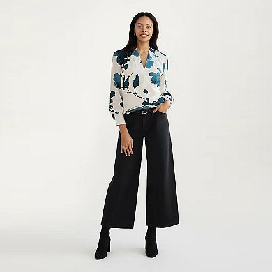 Women's Floral Print Long Sleeve Blouse with V Neckline and Soft Draped Fit