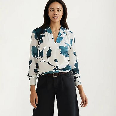 Women's Floral Print Long Sleeve Blouse with V Neckline and Soft Draped Fit