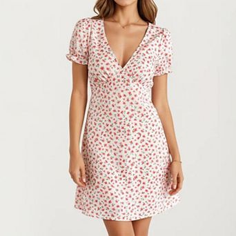 Women's Short Sleeve V Neck Mini Dress with Ditsy Floral Print and Fitted Silhouette