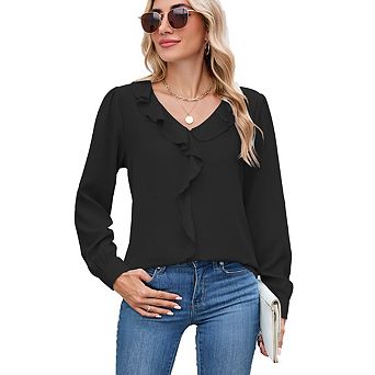 Womens Dressy Casual Blouse Business Long Sleeve Tops Ruffle V Neck Trendy Work Shirt