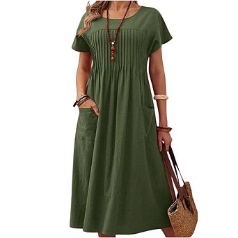 Womens T Shirt Dress Casual Loose Fit Crewneck Short Sleeve Midi Dresses with Pockets