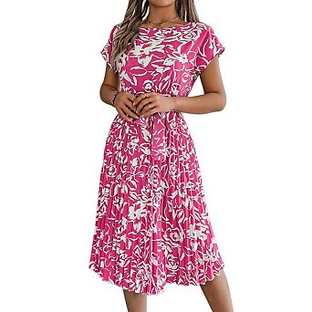 Women's Casual Short Sleeve Boho Floral Madi Dress Crew Neck Smocked Tiered Long Dresses