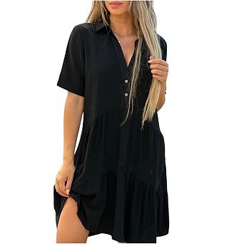 Women's V Neck Flowy Dresses Short Sleeve Swing Loose Casual Smocked Shirt Dress