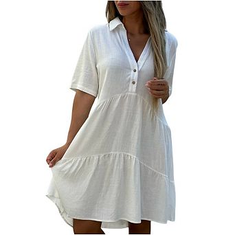 Women's V Neck Flowy Dresses Short Sleeve Swing Loose Casual Smocked Shirt Dress