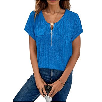 Women Short Sleeve Blouses Zip-up V Neck Top Womens Fashion Trendy Casual Work Shirt