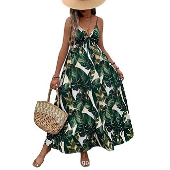 Women's Maxi Dress Floral Print Twisted V Neck Sleeveless Long Dress Casual Dress
