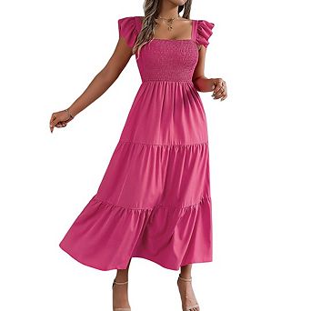 Women's Fly Sleeve Square Neck Flowy Tiered Sun Dress Casual Long Maxi Beach Vacation Dresses