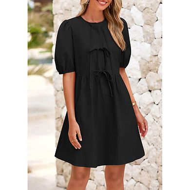 Women's Casual Short Dress Bow Tie Front Puff Short Sleeve Button A Line Cute Going Out Dresses