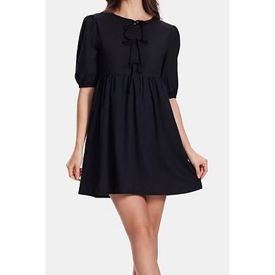 Women's Casual Short Dress Bow Tie Front Puff Short Sleeve Button A Line Cute Going Out Dresses