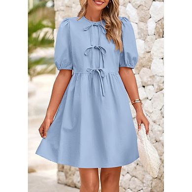 Women's Casual Short Dress Bow Tie Front Puff Short Sleeve Button A Line Cute Going Out Dresses