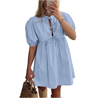 Women's Casual Short Dress Bow Tie Front Puff Short Sleeve Button A Line Cute Going Out Dresses