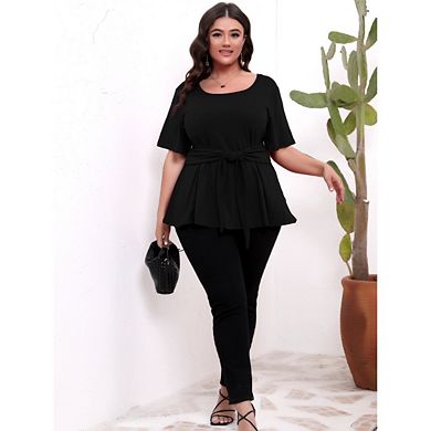 Women's Plus Size Short Sleeve Square Neck Wrap Belted Ruffle Peplum Blouse Tops