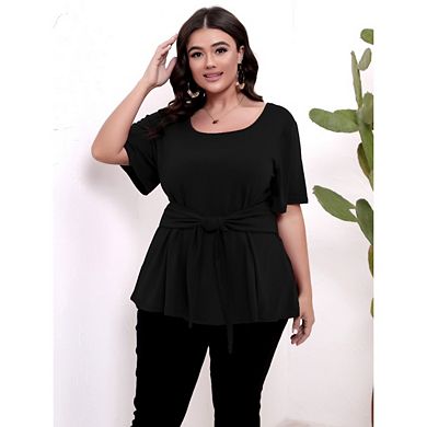 Women's Plus Size Short Sleeve Square Neck Wrap Belted Ruffle Peplum Blouse Tops