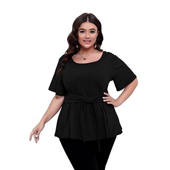 Women's Plus Size Short Sleeve Square Neck Wrap Belted Ruffle Peplum Blouse Tops