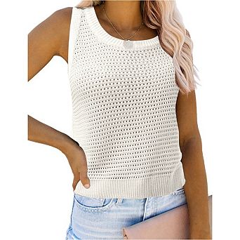 Womens Knit Sweater Tank Tops Round Neck Crochet Hollow Out Sleeveless Casual Crop Shirt