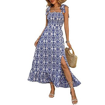 Women's Maxi Dress Casual Smocked Straps Paisley Ruffled Slit A Line Long Beach Dress