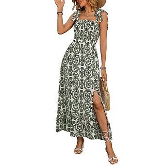 Women's Maxi Dress Casual Smocked Straps Paisley Ruffled Slit A Line Long Beach Dress