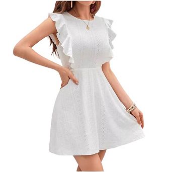 Women Dresses Ruffle Cap Sleeve Lace V Neck Embroidery Eyelet A Line Dress