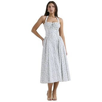 Womens Corset Dress Elegant Midi Dress Flowy Pleated Hem Low Cut Prom Dresses Floral Bustier Dress