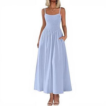 Women's Smocked Maxi Dresses Casual Spaghetti Strap Swing A Line Long Flowy Beach Sundress