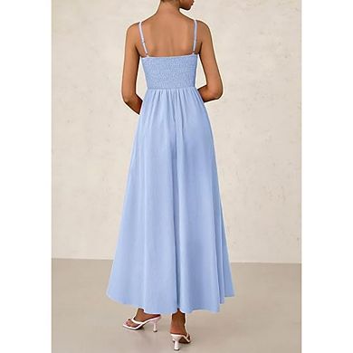 Women's Smocked Maxi Dresses Casual Spaghetti Strap Swing A Line Long Flowy Beach Sundress