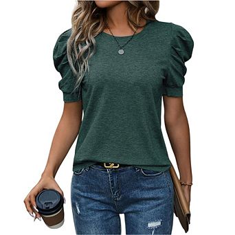Women's Puff Short Sleeve Sweater Tops Trendy Business Causal Outfits Work Blouses Clothes
