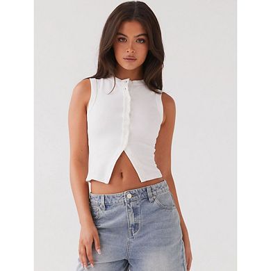 Womens Going Out Tank Top Ribbed Button Down Sleeveless Vest Crop Spring Beach Vacation Tops