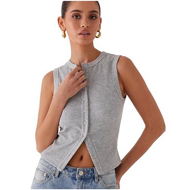 Womens Going Out Tank Top Ribbed Button Down Sleeveless Vest Crop Spring Beach Vacation Tops