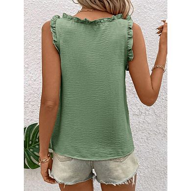 Womens Sleeveless Ruffled V Neck Tops Tank Tops Solid Color Hem Camisoles