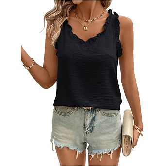 Womens Sleeveless Ruffled V Neck Tops Tank Tops Solid Color Hem Camisoles